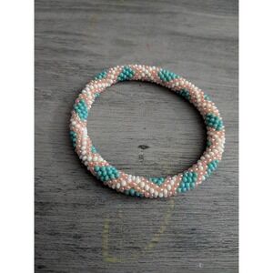 Handmade Beaded Roll On Bracelet Turquoise Peach White Spiral Crochet Bangle